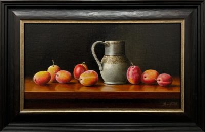 An original oil painting from Anne Songhurst. This still life painting from Anne Songhurst is framed in a dark wooded frame with a dark gold slip. Exhibited at Norton Way Gallery.t