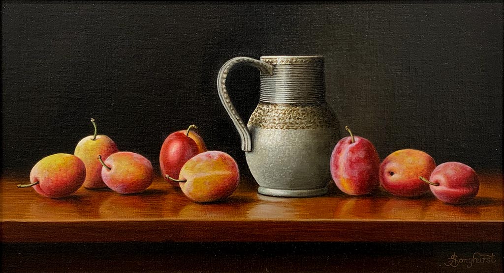 Beautiful original oil painting by Anne Songhurst. This still Life painting from Anne Songhurst is exhibited at Norton Way Gallery, Hertfordshire