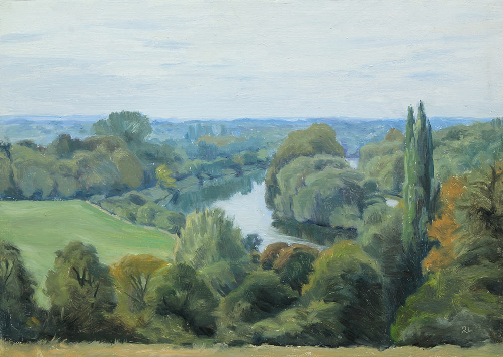 View from Richmond Hill by Rosemary Lewis. Rosemary Lewis has painted this original artwork in oil. It depicts the Thames and trees and fields all viewed from Richmond Bridge. IThis original painting is exhibited at Norton Way Gallery Hertfordshire.