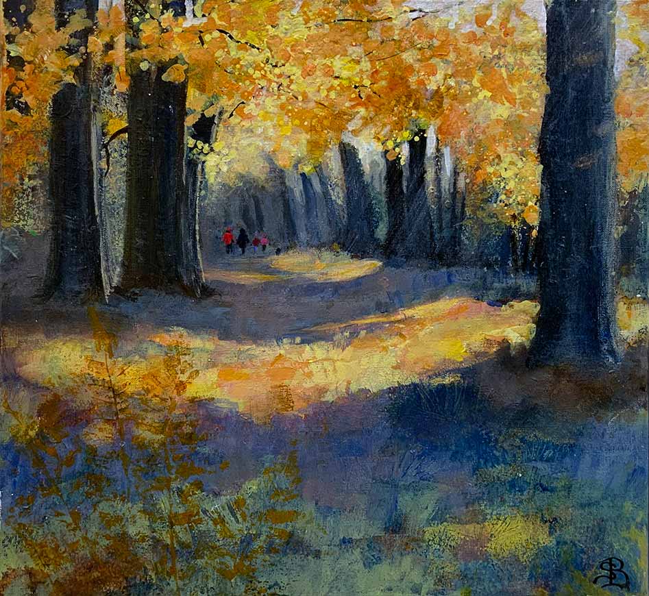 Walking through Autumn Gold by Sally Bassett. This beautiful original painting, in acrylic by Sally Bassett depicts an avenue of autumn trees. In the distance an family or group of friends, walk in a joyful huddle. This original painting is exhibited lat Norton Way Gallery.