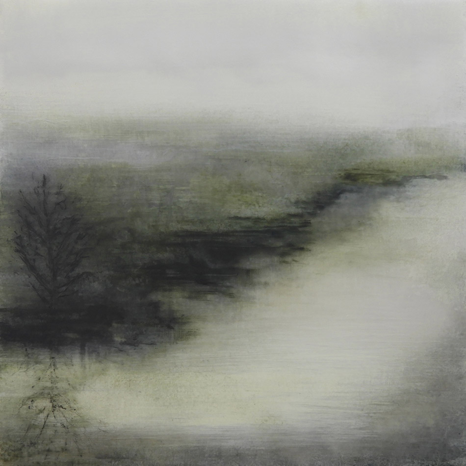 Still by artist Anna Boss. This original artwork by Anna Boss is created in acrylic and resin. The original painting depicts the banks of a misty river. It is exhibited at Norton Way Gallery, Hertfordshire.