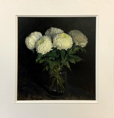 Original artwork by Rosemary Lewis. This original oil painting by Rosemary Lewis depicts Chrysanthimums in a glass jar. It is exhibited at Norton Way Gallery Hertfordshire.
