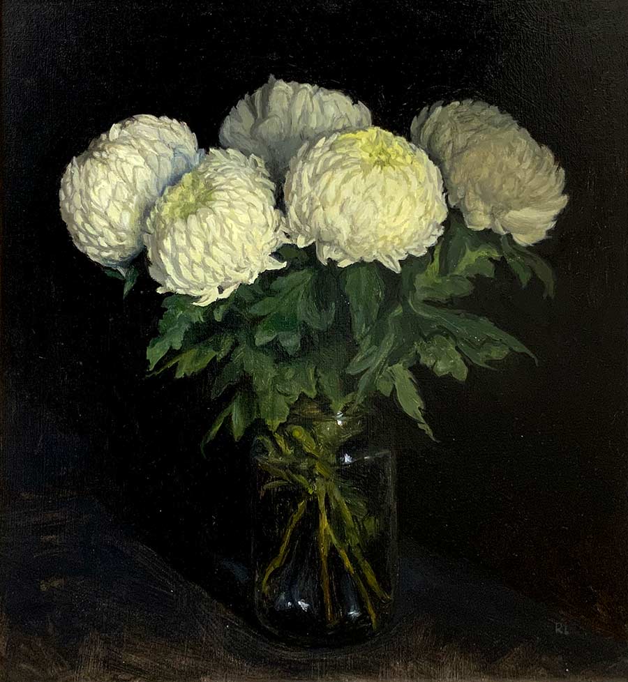 Original artwork by Rosemary Lewis. This original oil painting by Rosemary Lewis depicts Chrysanthimums in a glass jar. It is exhibited at Norton Way Gallery Hertfordshire.