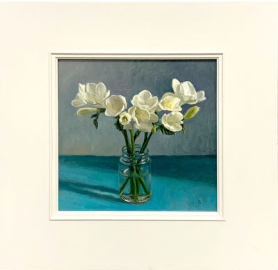 Original framed artwork by Rosemary Lewis. This original oil painting by Rosemary Lewis depicts Freesis in a glass jar. It is exhibited at Norton Way Gallery Hertfordshire.
