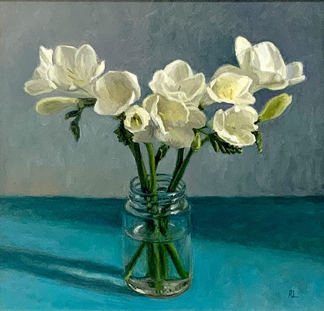 Original artwork by Rosemary Lewis. This original oil painting by Rosemary Lewis depicts Freesis in a glass jar. It is exhibited at Norton Way Gallery Hertfordshire.