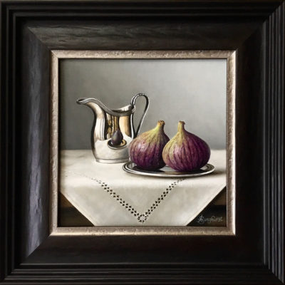 This beautiful Anne Songhurst, original oil painting is exhibited at Norton Way Gallery. It depicts a silver jug with figs, in a pleasing composition and is typical of an Anne Songhurst realist painting. It is exhibited at Norton Way Gallery Hertfordshire.