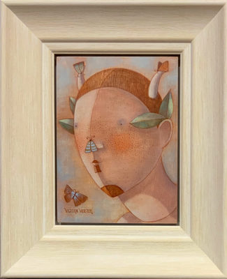 Small Fawn by Victoria Webster. This original piece of artwork by Victoria Webster is painted in acrylic on wooden panel. It depicts a young, mythological, fawn, a pretty moth on his nose. It is exhibited at Norton Way Gallery Hertfordshire. It is framed in a beautiful, chunky, cream molding.