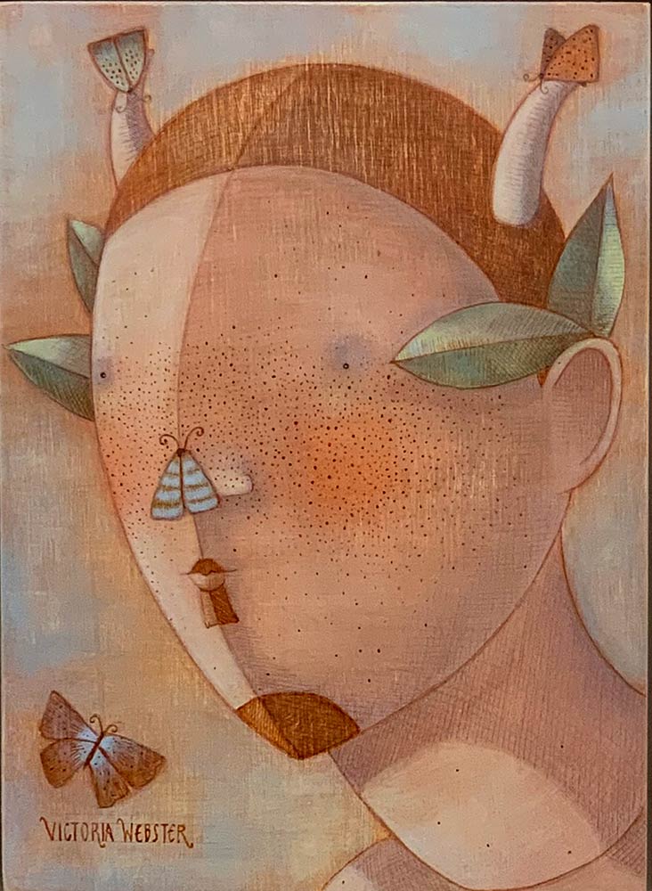 Small Fawn by Victoria Webster. This original piece of artwork by Victoria Webster is painted in acrylic on wooden panel. It depicts a young, mythological, fawn, a pretty moth on his nose. It is exhibited at Norton Way Gallery Hertfordshire.