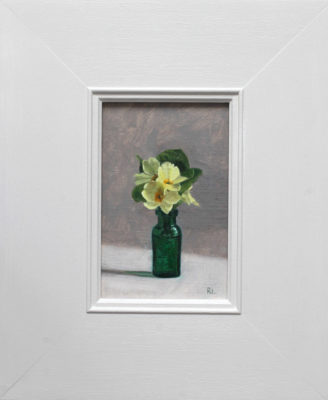 Original artwork by Rosemary Lewis. This original oil painting by Rosemary Lewis depicts Primrose in a green glass jar. It is exhibited at Norton Way Gallery Hertfordshire.