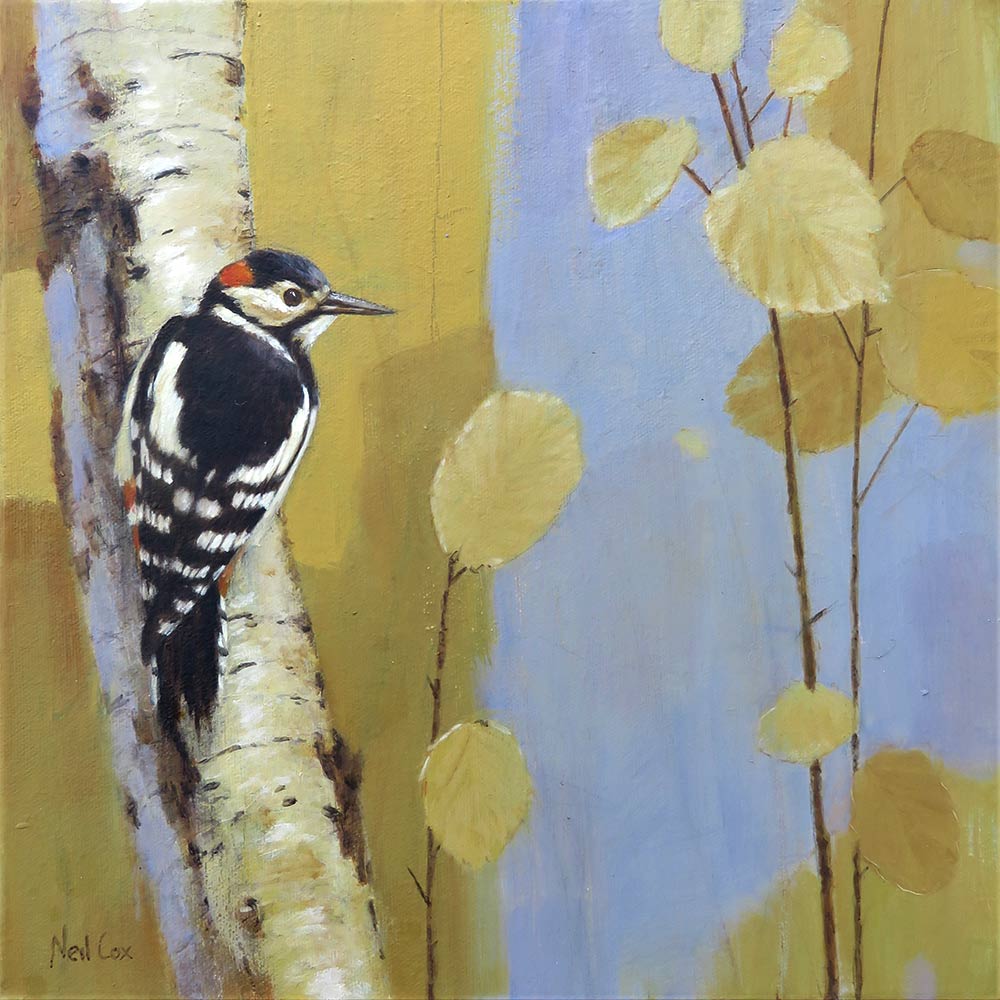 Neil Cox at Norton Way Gallery, Hertfordshire. This beautiful oil painting by Neil Cox is an excellent example of his subtle abstract and realistic style. It is exhibited at Norton Way Gallery, Hertfordshire. The original painting depicts a black and red Woodpecker against an abstract gold and blue, woodland impression.