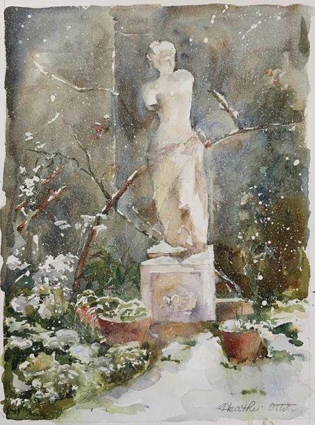 Heather Orton at Norton Way Gallery. This beautiful watercolour painting from Heather Orton depicts a garden scene with softly falling snow. It is an original art piece and exhibited at Norton Way Gallery Hertfordshire.