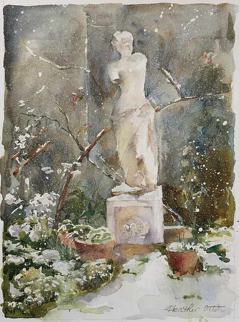 Heather Orton at Norton Way Gallery. This beautiful watercolour painting from Heather Orton depicts a garden scene with softly falling snow. It is an original art piece and exhibited at Norton Way Gallery Hertfordshire.