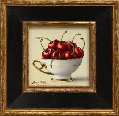 This beautiful Anne Songhurst, original oil painting is exhibited at Norton Way Gallery. It depicts a porcelain cup full of red cherries, in a simple, singal composition and is typical of an Anne Songhurst realist painting. It is exhibited at Norton Way Gallery Hertfordshire. It is framed in a dark transulcent black and gold, handpainted frame.