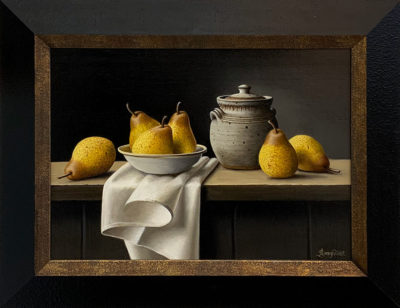 This beautiful Anne Songhurst, original oil painting is exhibited at Norton Way Gallery. It depicts a group of pears and a handsome stoneware pot, in a stunning composition and is typical of an Anne Songhurst realist painting. It is exhibited at Norton Way Gallery Hertfordshire. Framed in a rich darkest brown black frame with dark gold inner.