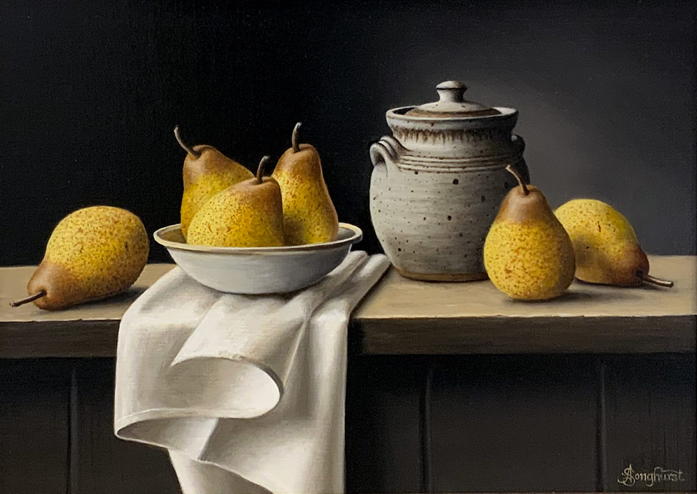 This beautiful Anne Songhurst, original oil painting is exhibited at Norton Way Gallery. It depicts a group of pears and a handsome stoneware pot, in a stunning composition and is typical of an Anne Songhurst realist painting. It is exhibited at Norton Way Gallery Hertfordshire.