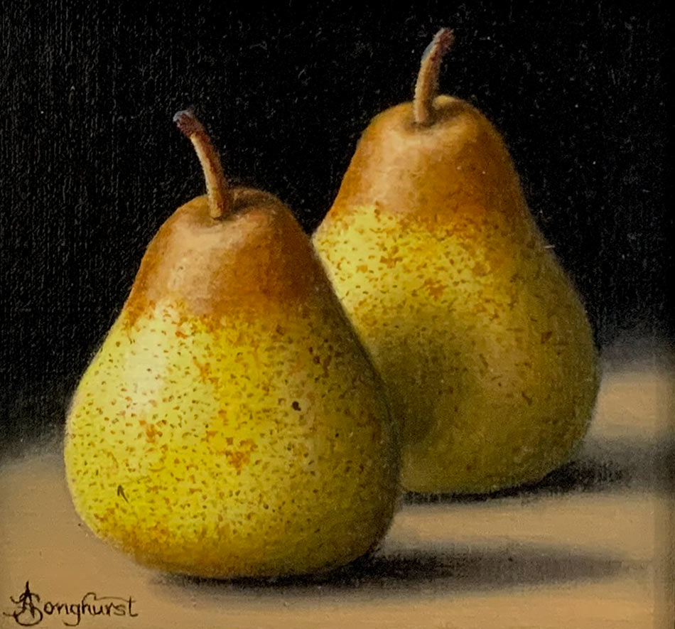 This beautiful Anne Songhurst, original oil painting is exhibited at Norton Way Gallery. It depicts two beautiful ripe, Rocha pears, in a simple composition and is typical of an Anne Songhurst realist painting. It is exhibited at Norton Way Gallery Hertfordshire.