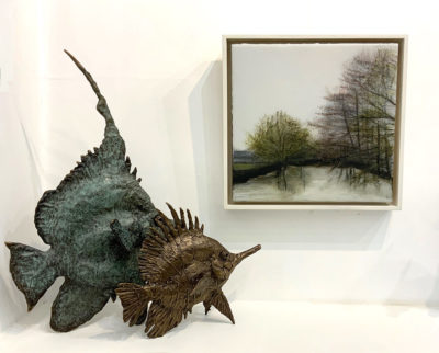 Anna Boss at Norton Way Gallery Hertfordshire. Anna Boss has created this atmospheric painting of the river Frome, in acrylic and resin. It is displayed here with bronze sculpture from Andrzej Szymczyk. Andrzej Szymczyk works in foundry bronze creating original artwork.