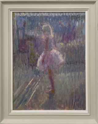 Andrew Farmer at Norton Way Gallery Hertfordshire. This beautiful oil painting by Andrew Farmer depicts the artit's daughter as she prepares to dance. This original artwork is exhibited at Norton Way Gallery Hertfordshire.