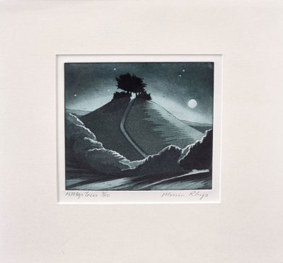Morna Rhys: Morna Rhys at Norton Way Gallery Hertfordshire. This beautiful etching by Morna Rhys depicts a full moon in the distance and a hill with a small copse of trees, on its summit, in the middle distance. This etching is an original piece of art. It is exhibited at Norton Way Gallery Hertfordshire. It is mounted in an off white acid free card.