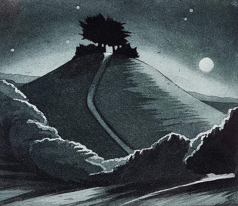 Morna Rhys: Morna Rhys at Norton Way Gallery Hertfordshire. This beautiful etching by Morna Rhys depicts a full moon in the distance and a hill with a small copse of trees, on its summit, in the middle distance.. This etching is an original piece of art. It is exhibited at Norton Way Gallery Hertfordshire. It is mounted in an off white acid free card.
