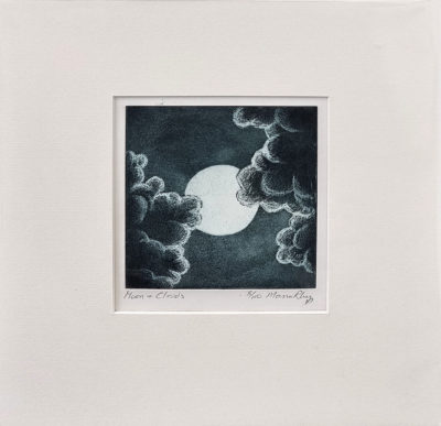 Morna Rhys: Morna Rhys at Norton Way Gallery Hertfordshire. This beautiful etching by Morna Rhys depicts a full moon which is partially shaded by two clouds. This etching is an original piece of art. It is exhibited at Norton Way Gallery Hertfordshire. It is mounted in an off white acid free card.