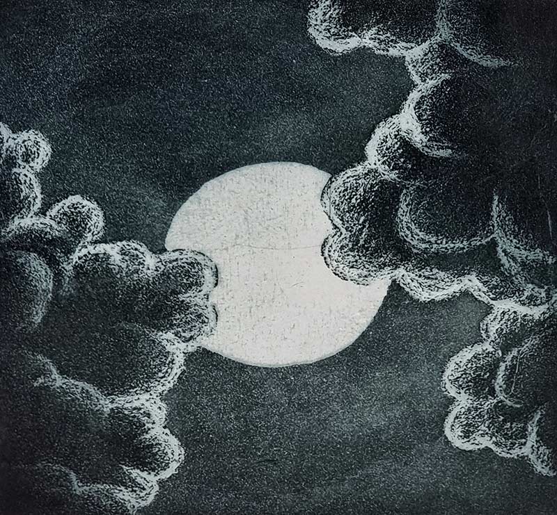 Morna Rhys: Morna Rhys at Norton Way Gallery Hertfordshire. This beautiful etching by Morna Rhys depicts a full moon which is partially shaded by two clouds. This etching is an original piece of art. It is exhibited at Norton Way Gallery Hertfordshire.
