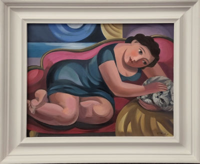 Liz Ridgway at Norton Way Gallery Hertfordshire. This oil painting from Liz Ridgway depicts a glamerous lady, reclining on her sofa, with her cat. This artwork is an oil painting and is distinctive of all Liz Ridgway original artwork. It is framed in a white frame.
