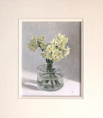 Original artwork by Rosemary Lewis. This original oil painting by Rosemary Lewis depicts stunning white Narcissi in a glass bottle. It is exhibited at Norton Way Gallery Hertfordshire. Its framed in a simple, contemporary off white frame.