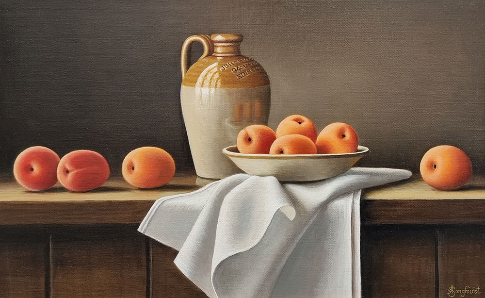 This beautiful Anne Songhurst, original oil painting is exhibited at Norton Way Gallery. It depicts a group of apricots, linen napkin, dish and a stoneware flagon. The stunning composition is typical of an Anne Songhurst realist painting. It is exhibited at Norton Way Gallery Hertfordshire. Framed in a rich darkest brown black frame with dark gold inner.