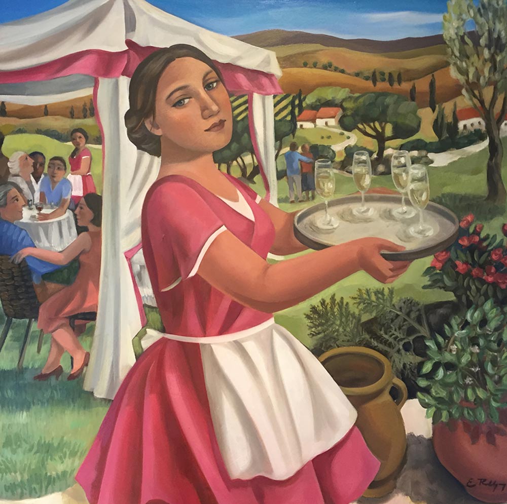 Liz Ridgway at Norton Way Gallery Hertfordshire. This oil painting from Liz Ridgway depicts a beautiful waitress at the scene of an idyllic garden party. This artwork is an oil painting and is distinctive of all Liz Ridgway original artwork.