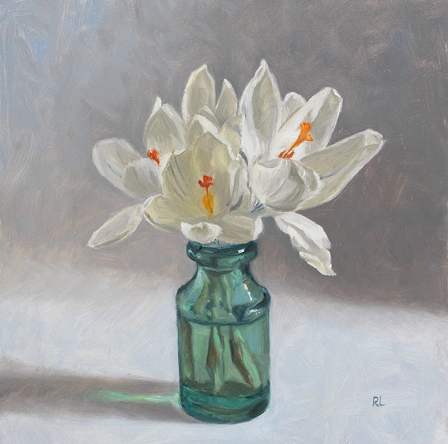 Original artwork by Rosemary Lewis. This original oil painting by Rosemary Lewis depicts beautiful white Crocus in a green glass bottle. It is exhibited at Norton Way Gallery Hertfordshire. Its framed in a simple, contemporary off white frame.