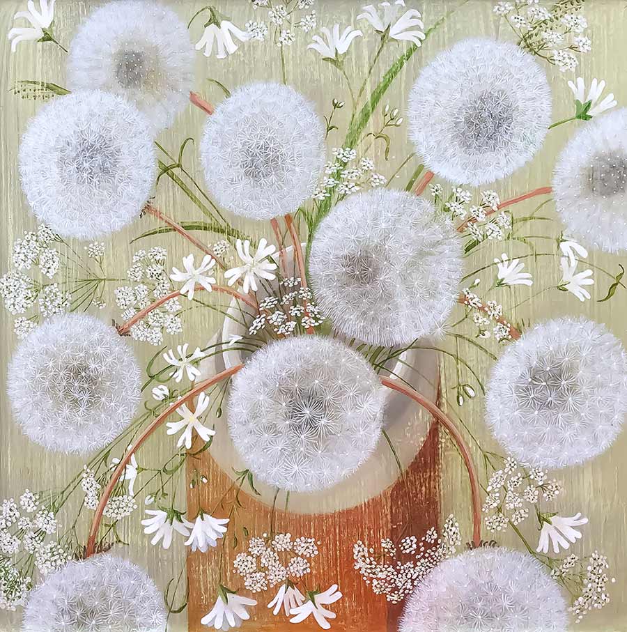 Victoria Webster art at Norton Way Gallery Hertfordshire. This beautiful acrylic painting has been painted on a gesso ground, painted board. It is an original artwork from Victoria Webster and depicts a jar full of Dandelion Clocks.