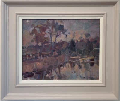 Andrew Farmer at Norton Way Gallery Hertfordshire. This oil painting depicts a river at dusk. There are boats on the water and a tree in the distance. This is an original artwork by Andrew Farmer.