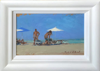 Michael Alford Art at Norton Way Gallery. This beautiful oil painting, is an original artwork by artist Michael Alford. It depicts three people on the beach.