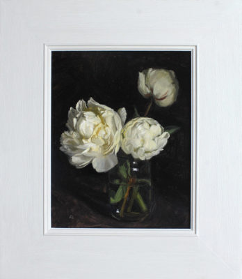 Rosemary Lewis Art at Norton Way Gallery Hertfordshire. This beautiful oil painting is painted in oil and is an original artwork by artists Rosemary Lewsi. It depicts white Peonies in a glass jar.