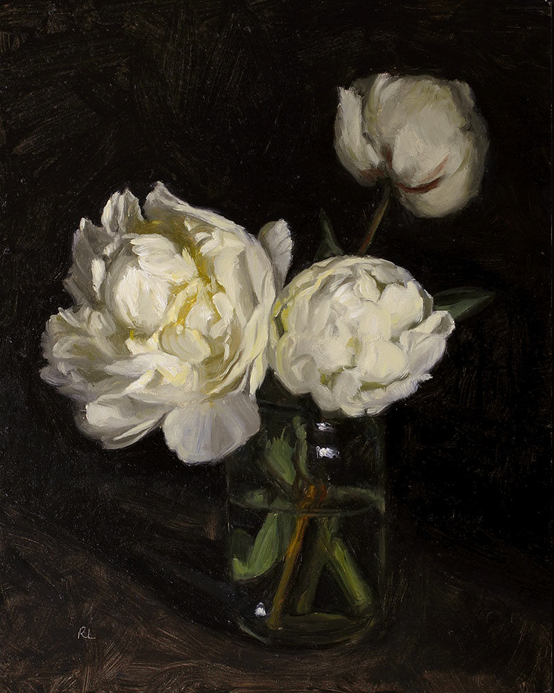 Rosemary Lewis Art at Norton Way Gallery Hertfordshire. This beautiful oil painting is painted in oil and is an original artwork by artists Rosemary Lewsi. It depicts white Peonies in a glass jar.