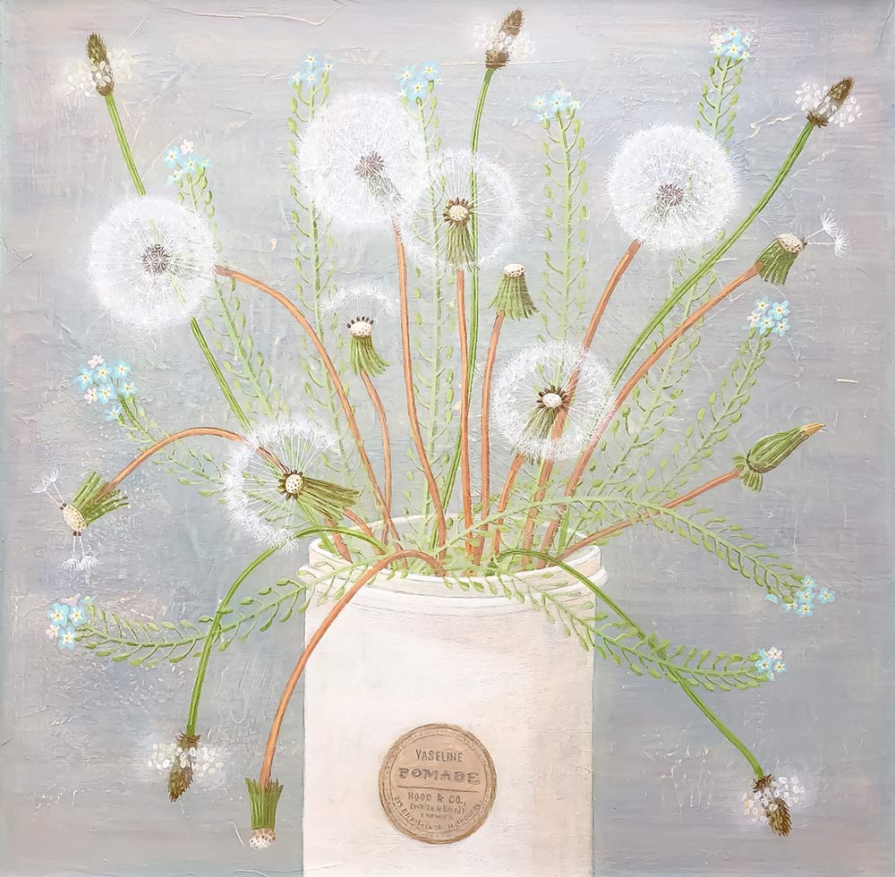 Victoria Webster Art at Norton Way Gallery. This beautiful acrylic painting is an original artwork by artist Victoria Webster. It depicts a a vase full of wild flowers and seed heads.
