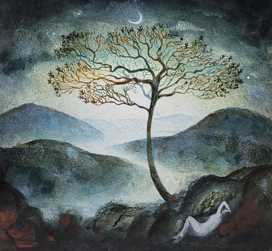 Flora McLachlan art at Norton Way Gallery Hertfordshire. This atmosheric watercolour painting from Flora McLachlan depicts a a naked figure laying beneath a tree. It is an original artwork.