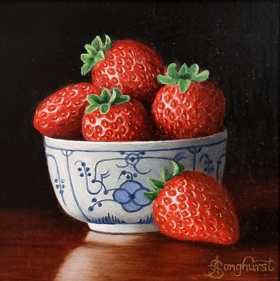 Anne Songhurst Art at Norton Way Gallery Hertfordshire. This beautiful oil painting is an original artwork by artist Anne Songhurst. It depicts five starwberries with a Delft bowl.