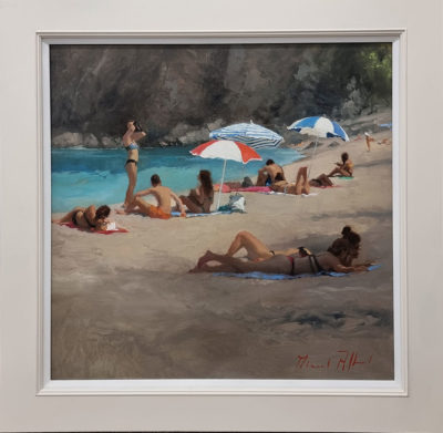 Michael Alford Art at Norton Way Gallery. This beautiful oil painting, is an original artwork by artist Michael Alford. It depicts three people on the beach.