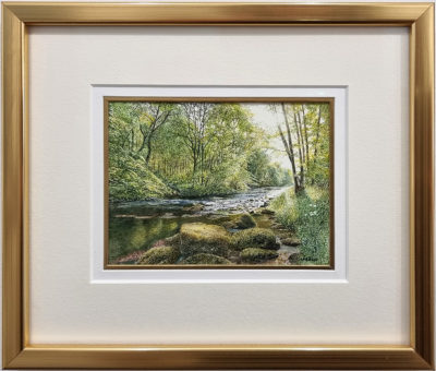 Rosalind Pierson art at Norton Way Gallery Hertfordshire. This beautiful, miniature, painting has been painted in watercolour. It is an original artwork from Rosalind Pierson and depicts a shaded summer river. There are trees and bolders.. In the middle of the painting is a large tree with many little birds nesting in it.