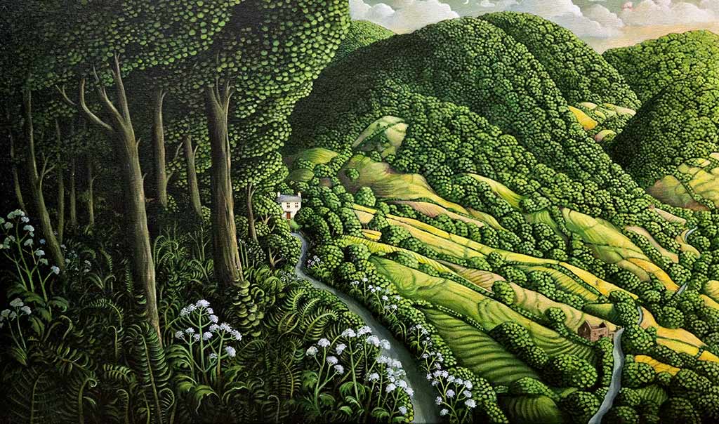 Lynda Jones art at Norton Way Gallery Hertfordshire. This beautiful oil painting has been painted on a box canvas. It is an original artwork from Lynda Jones and depicts a luscious green landscape.