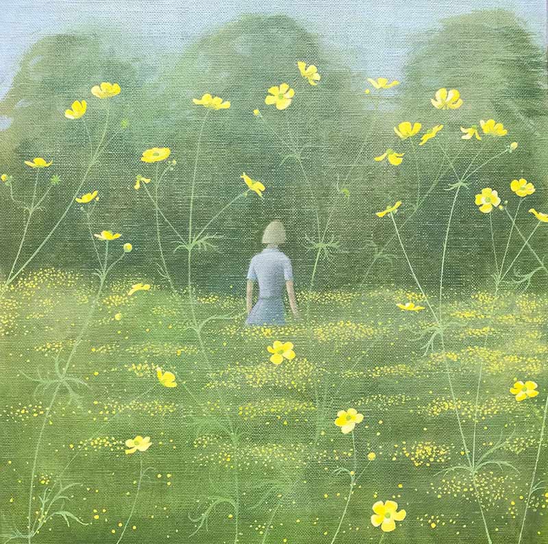Victoria Webster Art at Norton Way Gallery. This beautiful acrylic painting is an original artwork by artist Victoria Webster. It depicts a woman walking through a meadow, with yellow buttercups.