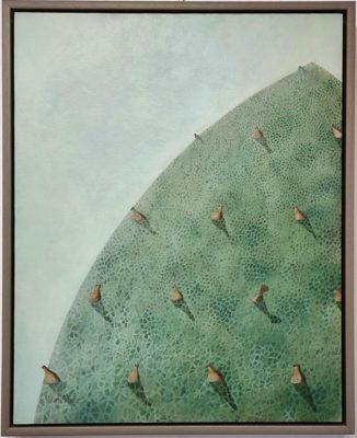 Victoria Webster art at Norton Way Gallery Hertfordshire. This beautiful oil painting has been painted on an extra fine grain linen board. It is an original artwork from Victoria Webster and depicts many little birds resting in a tree.
