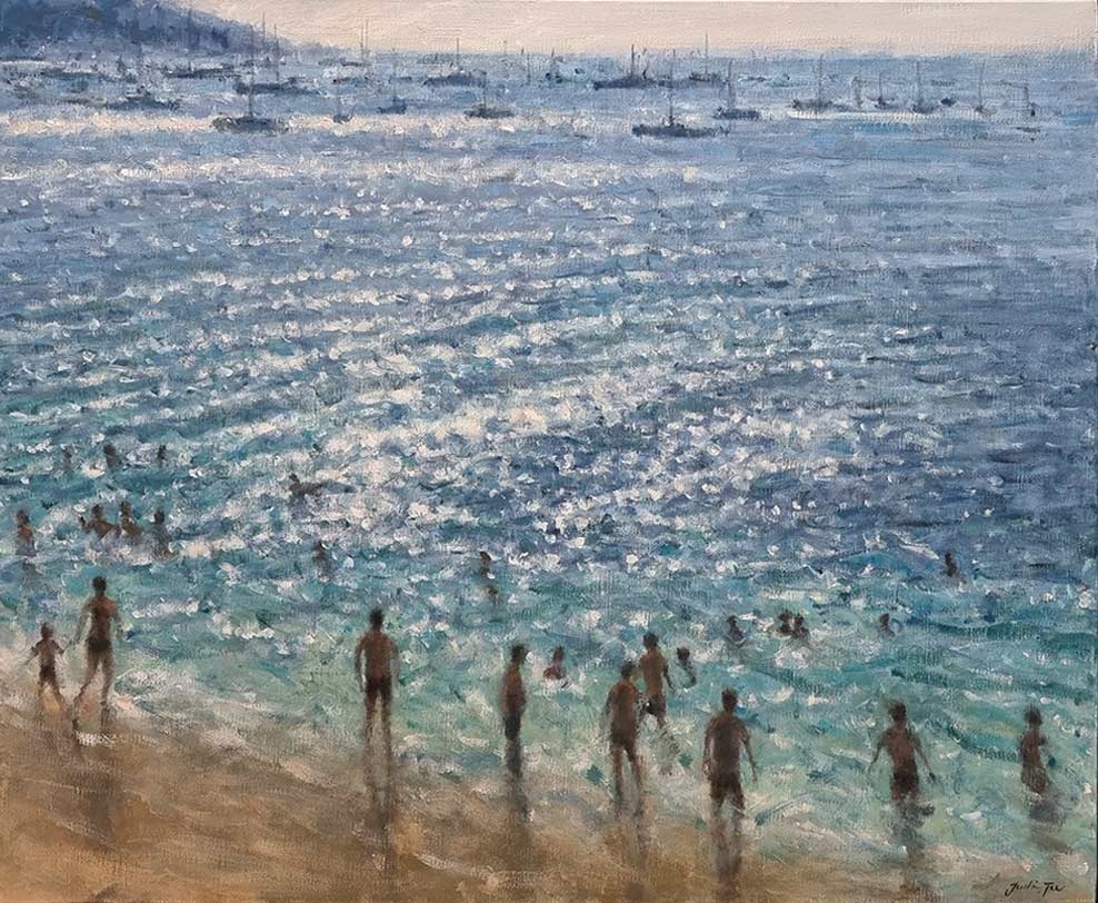 Justin Tew at Norton Way Gallery, Hertfordshire. This original artwork by British artist, Justin Tew is painted in oils. It depicts a view of the beach and sea, with boats and ships on the horizon. This original painting is framed in a gray burnished wood, deep frame.