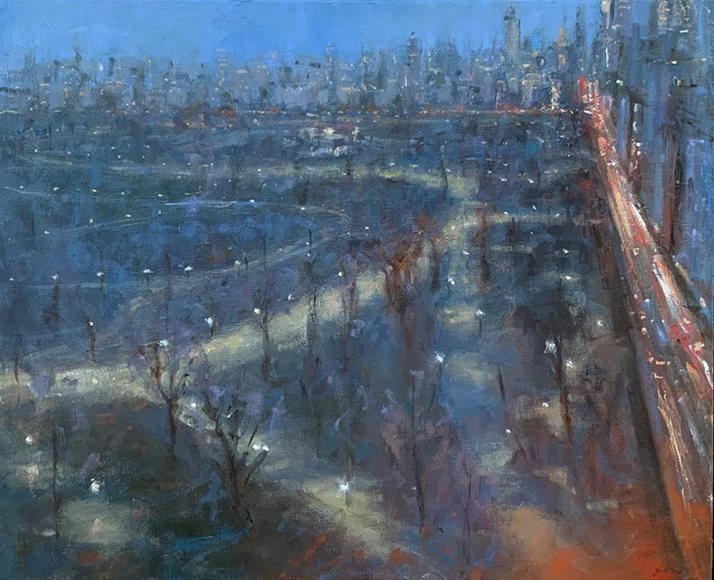 Justin Tew at Norton Way Gallery, Hertfordshire. This original artwork by British artist, Justin Tew is painted in oils. It depicts a nightime view of Central Park, in New York. This original painting is framed in a dark wood, deep frame.