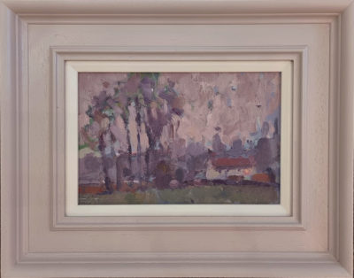 Andrew Farmer at Norton Way Gallery, Hertfordshire. This original artwork by British artist, Andrew Farmer is painted in oils. It depicts a twilight view of of a row of cottages and trees at the edge of a field, in twilight. This original painting is framed in a hand painted, off white frame.
