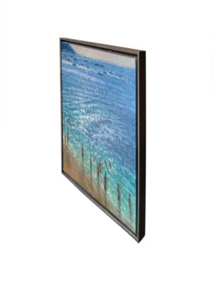 Justin Tew at Norton Way Gallery, Hertfordshire. This original artwork by British artist, Justin Tew is painted in oils. It depicts numerous bathers enjoyinh at day at the beach. This original painting is framed in a dark wood, deep frame.