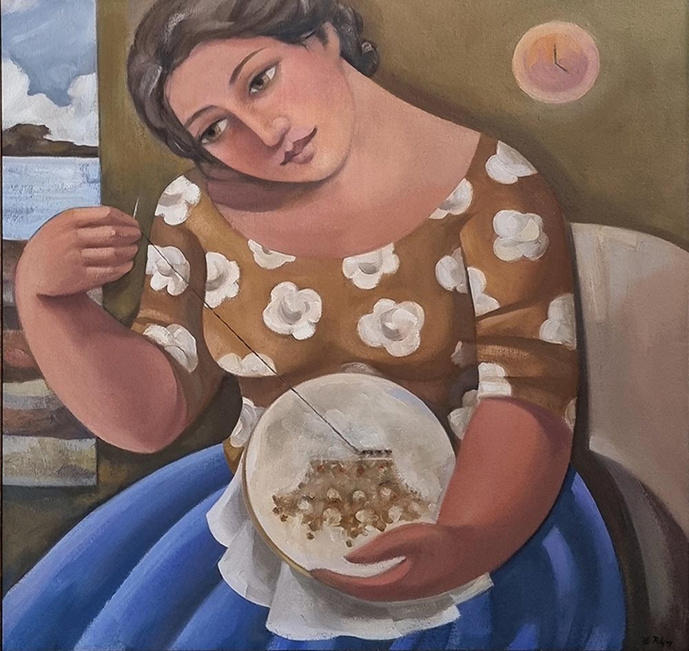 Liz Ridgway at Norton Way Gallery Hertfordshire. This oil painting from Liz Ridgway depicts a beautiful woman, embroidering a golden crown. There is a window and a clock in the background. This artwork is an oil painting and is distinctive of all Liz Ridgway original artwork.