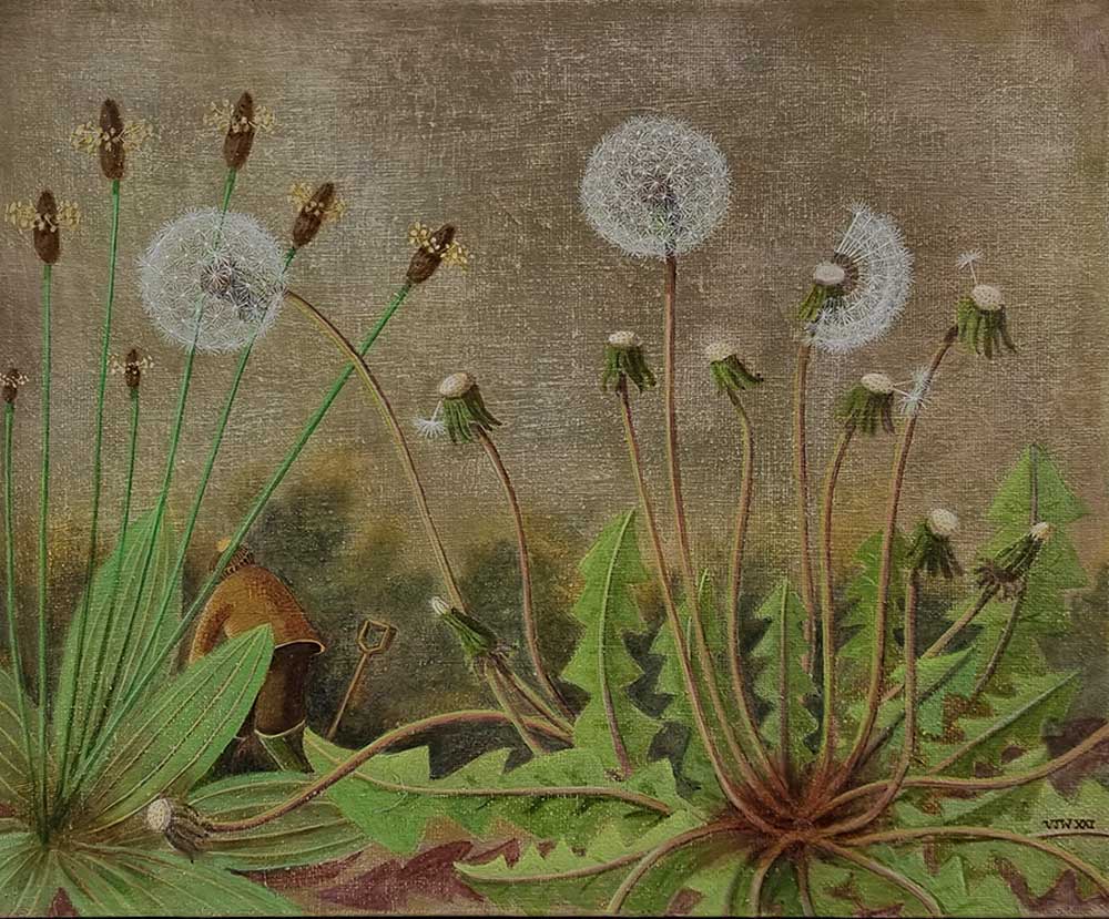 Victoria Webster at Norton Way Gallery, Hertfordshire. This original artwork by British artist, Victoria Webster is painted in oils. It depicts a row of Dandelion Dreamclocks and a small man in the background, gardening. This original painting is framed in a hand painted, warm grey-brown frame.